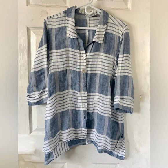 Habitat 100% Linen Blue and White Striped Shirt Button Down 3/4 Sleeves Sz S - Picture 1 of 8